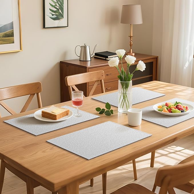 Blue Forest Placemats Set of 8, Dual-Layered Thickened Faux Linen Table Mats Heat Resistant Machine Washable Wrinkle Free Place Mats for Kitchen Dining Outdoor/Indoor (Cream Beige)