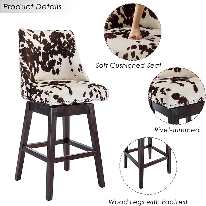 Counter Height Bar Stools Set of 2, Velvet Swivel Kitchen Stool Chairs with Back Mid Century Modern Barstool with Distressed Wood Legs for Dining Bar, Cow