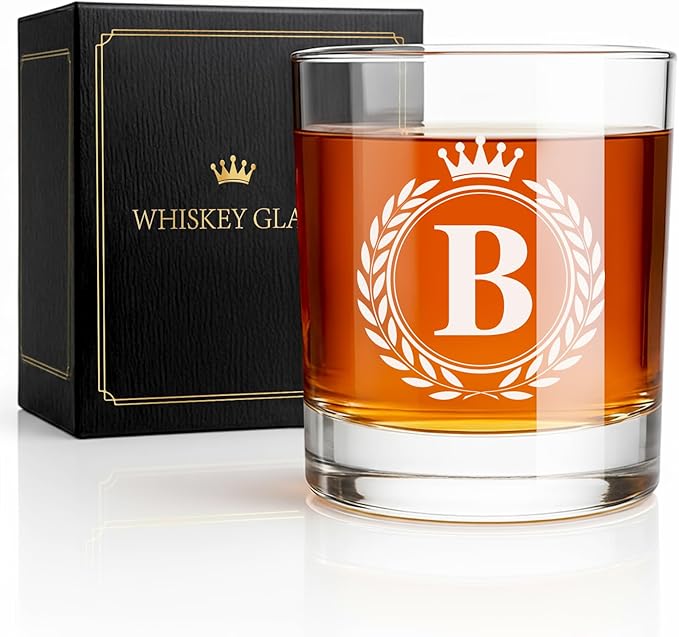 Whiskey Glasses - Rocks Old Fashioned Glass Gifts for Men, Monogrammed A-Z 10oz Personalized Whisky Glasses, Christmas Birthday Gifts for Men Him Dad Father Husband Brother Son (B)