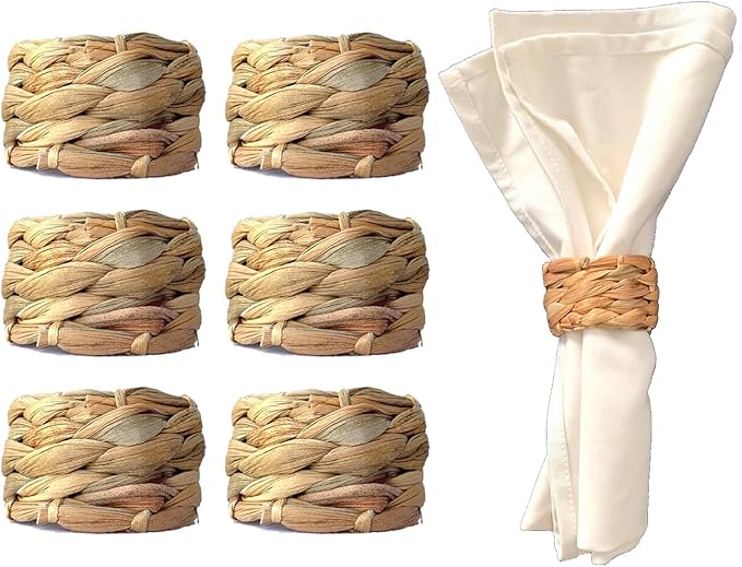 Set 6 Woven Water Hyacinth Napkin Rings | Rustic Boho Wicker Napkin Holders | Natural Farmhouse Rattan Napkin Ring for Christmas, Thanksgiving Dining Table, Wedding Party