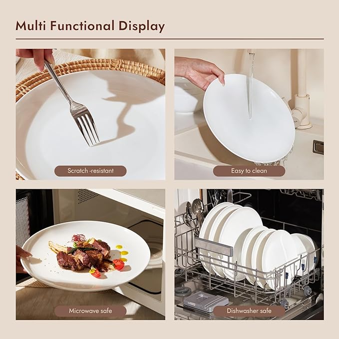 KINGSTONE 6-Piece Bone China Dinnerware Set for 2, Lightweight and Durable, Microwave and Dishwasher Safe, White Plates and Bowls for Everyday Use