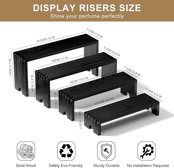 2 Set Large Black Wooden Tiered Riser Display Stands for Vendor Events,Stackable Wooden Cupcake Stand,Farmhouse Decor Wood Dessert Table Display Set,Vendor Booth Display Items,Food Display Risers for Party（12-11.2-10.4-9.6IN）