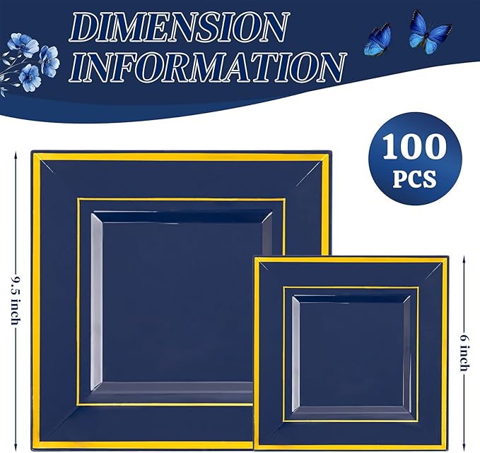Liacere 100PCS Blue and Gold Square Plastic Plates-50PCS Heavy Duty 9.5inch Disposable Dinner Plates and 50PCS 6inch Blue Dessert Plate - Gold Plastic Plate for Party&Washington's Birthday