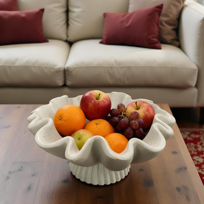 10" Large Handmade Decorative Bowl decor, Handicraft Scalloped Bowls for Modern Home Decor,Ruffle Decor,Key Bowl for Entry Table,Decorative Fruit Bowl for Kitchen Counter,Light Gray