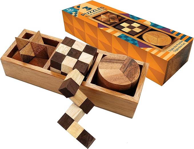 BSIRI 3 Puzzles in a Box - Wooden Brain Teaser Puzzle, 3D Mind Puzzle for Adults, Educational Kids Games, and Brain Games for Kids, Ideal for Birthday Gifts and Patio Decor