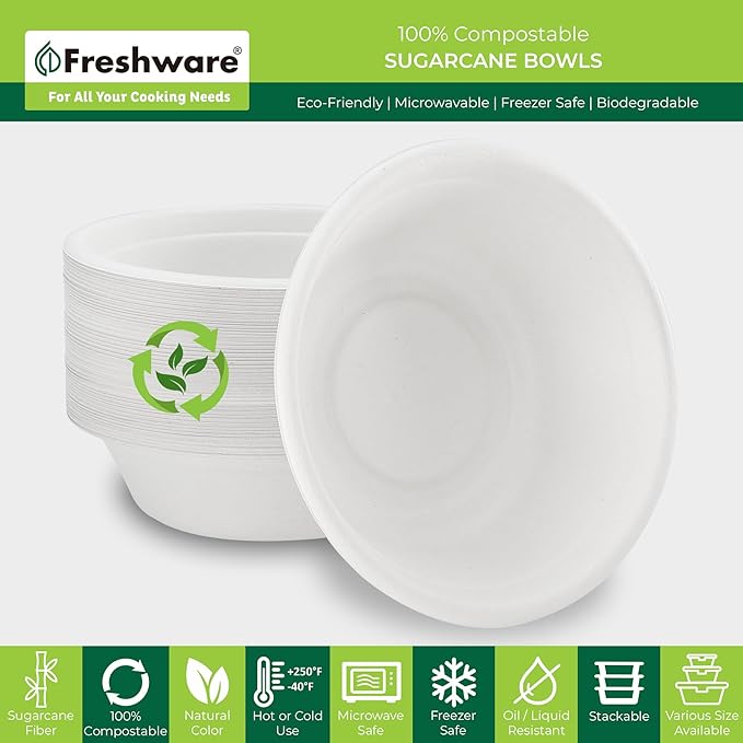 Freshware Paper Bowls - Disposable 32 oz Soup Bowl, 50-Pack Biodegradable Sugarcane Fiber Serving Bowls - Heavy Duty Bagasse for Hot Food Plates - Microwave & Freezer Safe, Stackable Dinnerware