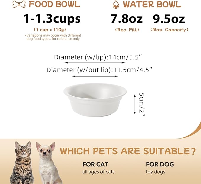 Ceramic 5.5inch Set of 2 Dog and Cat Bowls, 2pcs Basic 1 Cup Food or 9.5 oz Water Dishes for Puppy, Kitty, Wide Opening Rounded Edge (2 Bowls, Matt White)