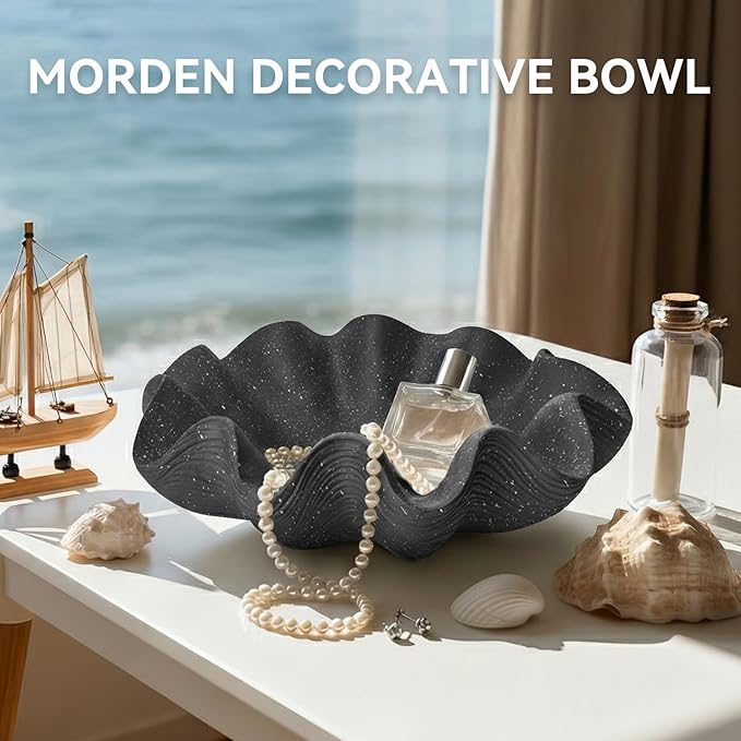 Scalloped Decorative Bowl Home Decor - 12.6" Modern Handicraft Large Shell Ruffle Decorative Fruit Bowl for Kitchen Counter, Chic Key Tray for Entryway Table, Starry Black
