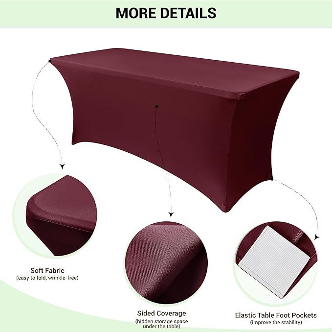 Obstal 6 Pack Stretch Spandex Table Covers for 6 Foot Tables - 6 FT Universal Rectangular Fitted Tablecloth Protector for Wedding, Banquet, Party, 72 Length x 30 Width x 30 Height Inches, Wine Red
