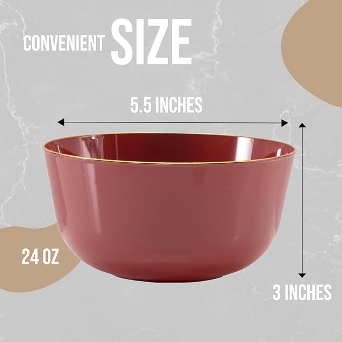 Trendables Burgundy & Gold Rimmed Disposable Bowls - 24 Oz Set of 20 Fancy Plastic Serving Bowls Perfect for Ice Cream, Salad & Candy