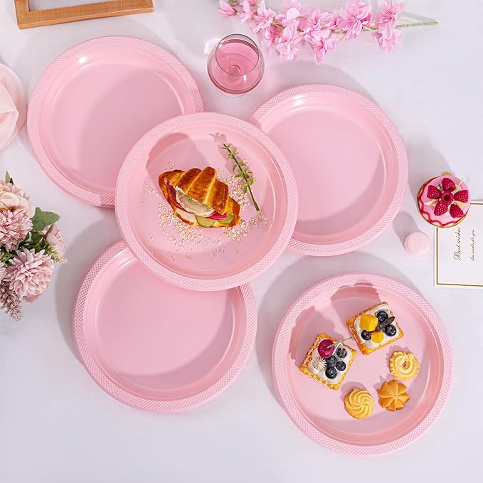 WELLIFE Pink Plastic Plates 10 Inch -150 Count for Party, Disposable Plastic Party Plates for Valentine's Day Easter Mother's Day Baby Shower Dinner Dessert Cake Light Pink