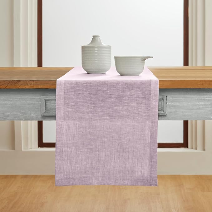 Solino Home Linen Small Table Runner 36 Inches - Athena, 100% Pure Linen Chambray Lavender Table Runner 14 x 36 Inch Ideal for Dresser and Coffee Tables - Spring, Easter, Valentines