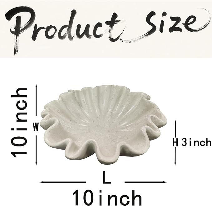 10" Large Handmade Decorative Bowl decor, Handicraft Scalloped Bowls for Modern Home Decor,Ruffle Decor,Key Bowl for Entry Table,Decorative Fruit Bowl for Kitchen Counter,Light Gray