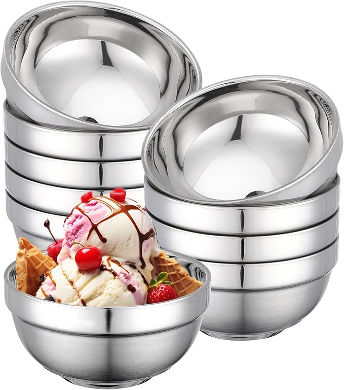 Stainless Steel Bowls Bulk, 10 Pack 4.5in 12.8oz 380ml Mini Small SUS304 Double Wall Insulated Stackable Metal Eating Bowl Containers for Restaurant Serving Snacks Ice Cream Soup Cereal Rice