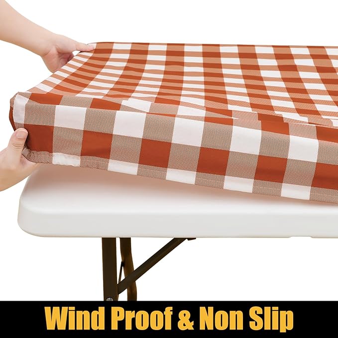 Smiry Rectangle Picnic Table Cloth, Elastic Waterproof Fitted Vinyl Tablecloths, Flannel Backed Buffalo Plaid Table Covers for Dining, Camping, Outdoor, Thanksgiving (White and Rust, 30" x 72")