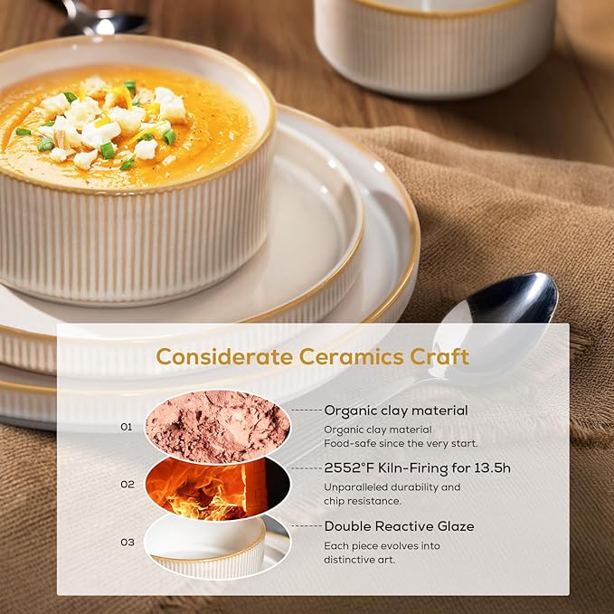 Romswi Stoneware 18Pcs Dinnerware Sets, Ceramic Plates and Bowls Set for 6, Chip & Scratch Resistant Ribbed Dish Set, Handmade Reactive Glaze, Oven, Microwave & Dishwasher Safe, Cappuccino White