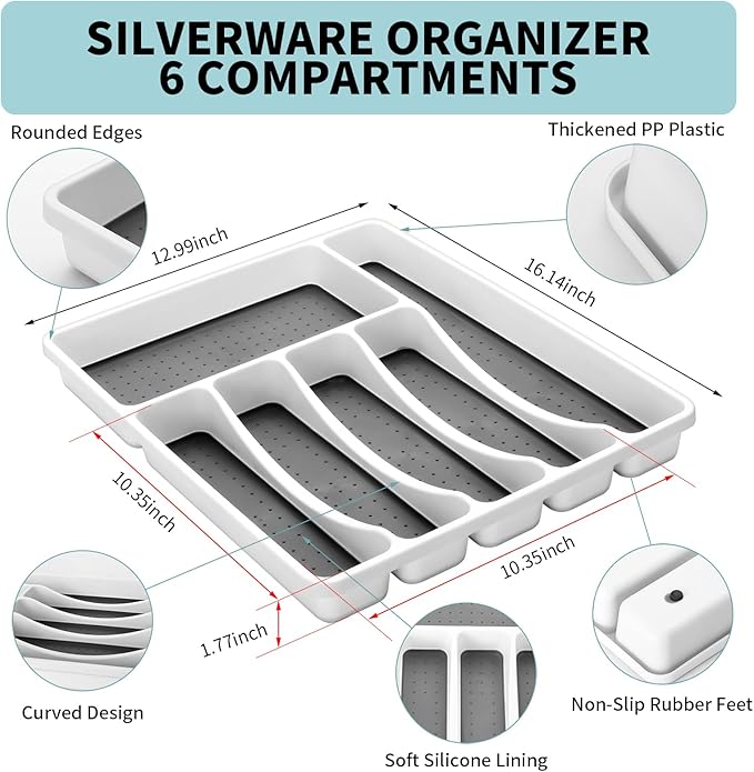 53PCS Silverware Set for 8 with Flatware Drawer Organizer, Stainless Steel Cutlery Set with Steak Knives, Include Spoons and Forks Set & Serving Utens, Dishwasher Safe, Heavy Duty, Silver