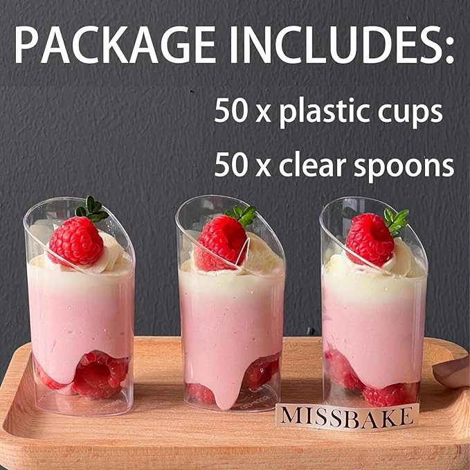 50 Pack Plastic Dessert Cups with Spoons, 3 oz Clear Mini Parfait Appetizer Cups, Reusable Slanted Triangle Shooter Serving bowls for Tasting, Small Dessert Shot Glasses