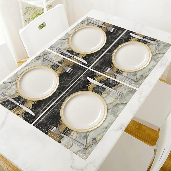 Marble Linen Place Mats Set of 2, 12x17 Inch Modern Luxury Texture Black Grey Gold Marble Washable Fabric Non-Slip Placemats for Home Dining Table Banquets Party Kitchen Decoration
