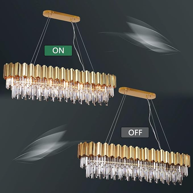 L51.2 Gold Rectangle Crystal Chandelier for Dining Room Modern Luxury Linear Light Fixture for Kitchen Island Contemporary Pendant Ceiling Light Oval Raindrop Chandelier Lighting 19-Light