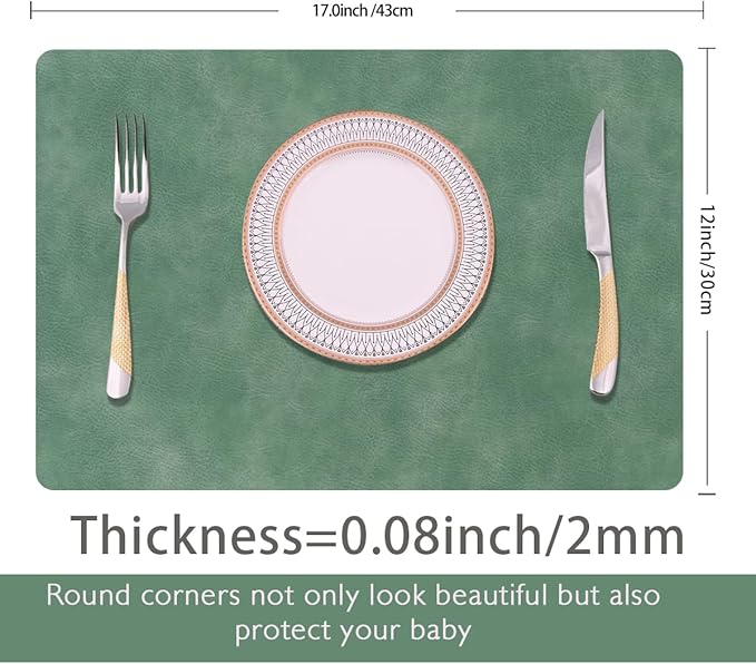 Faux Leather Reusable Table mats Set of 6,Waterproof&Stain-Resistant Place Mats,Heat-Resistant&Non-Slip Placemats for Indoor Outdoor Patio Table Kitchen and Kids,12''x17(Avocado Green)