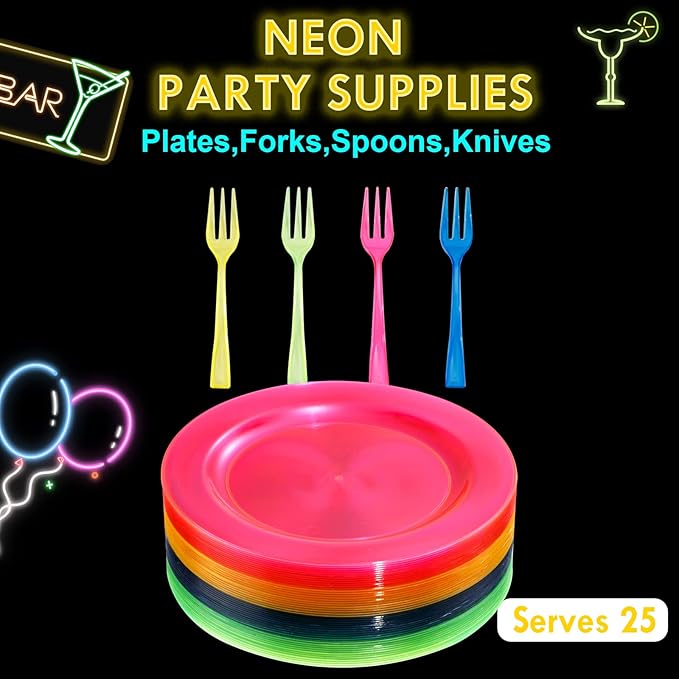 supernal 200pcs Appetizers Plates includ 100pcs Plastic Forks 100pcs Neon Party Plates Colorful Rainbow Disposable Party Plate and Dispsoable Forks Set for Party Catering Birthday