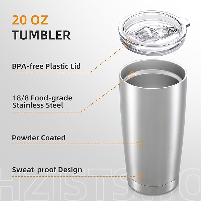 20 oz Tumbler Bulk with Lid Stainless Steel Insulated Tumblers Double Wall Vacuum Coffee Mug Powder Coated Tumbler Cups for Cold and Hot Drinks, Stainless Steel, 12 pack
