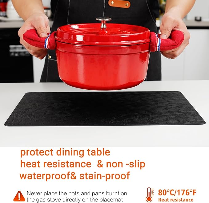 Vinyl Placemats Set of 6 Heat Resistant Easy Clean Non-Slip Place Mats for Dining Table Faux Leather Waterproof Stain Resistant Wipeable Washable PVC Table Mats(6, Black)