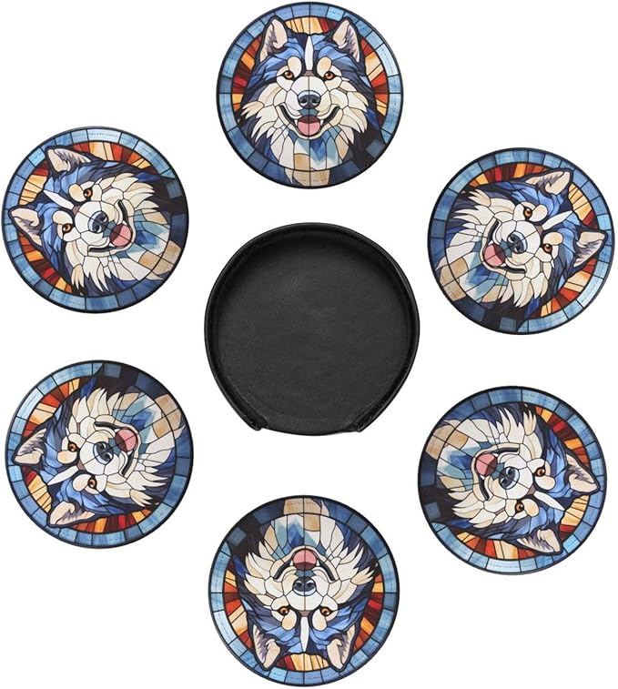 Drink Coaster Set of 6, Alaskan Malamute Dog Mom Lover Gift,Leather Drink Coasters with Holder,6 Pack Cup/Bar/Drink Coasters for Table/Drinks/Coffee Protection Housewarming Gift