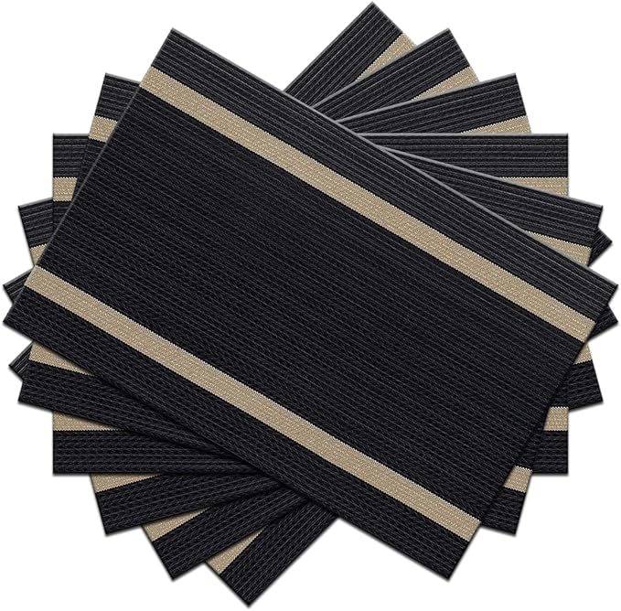 Placemats Set of 6 Durable Placemats Washable Kitchen Plastic Luxurious Table Mats for Home/Dining Room Decoration (Black)