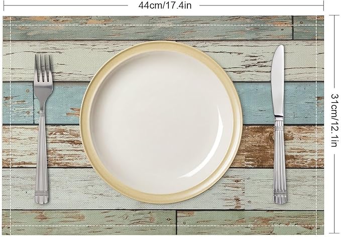 Rustic Plank Placemat Set, Vintage Old Shabby Colorful Beige Green Blue Farmhouse Barn Wooden Board Pattern Home Decor Linen Table Mats for Dining Room Kitchen Party (17x12in) x4P