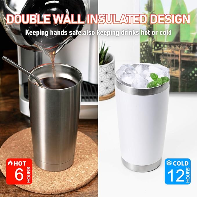 COMOOO 20oz Double Wall Vacuum Insulated Travel Mug, Stainless Steel Tumbler with Lid and Straw Durable Powder Coated Insulated Coffee Cup for Cold & Hot Drinks (Army Green, 12 pack