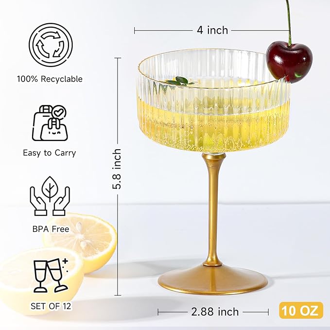 XUWAIDSGN 12 Pcs Champagne Martini Glasses 9 Oz with Gilded Removable Gold Rim Coupe Glasses Pink Martini Glasses Plastic Mimosa Vintage Coupe Glasses Set For Wedding Anniversary (12, Ribbed Gold)