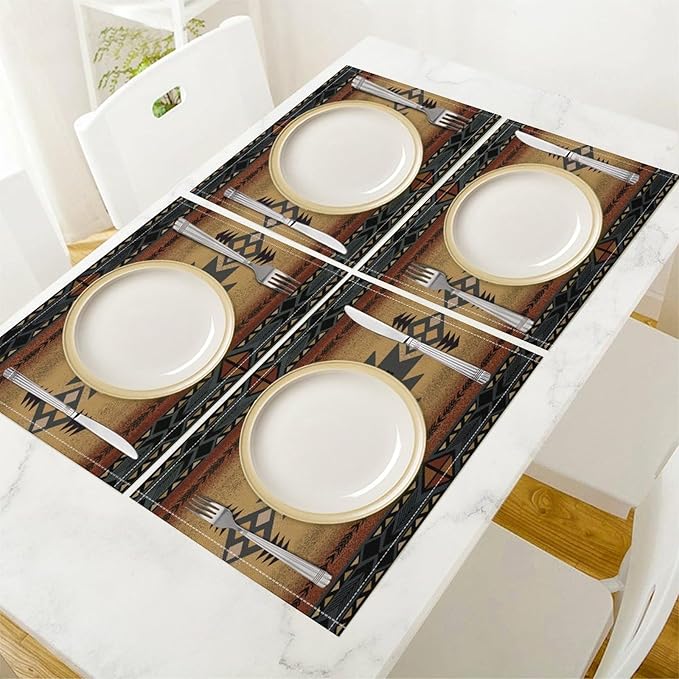 Aztec Southwest Placemats Rustic Tribal Geometric Decorative Table Mat Antique Native Heat Resistant Place Mats for Dining Kitchen Party Holiday Decor 12x18Inch Set of 6