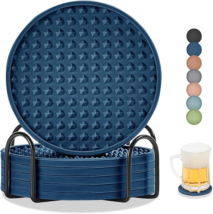 Coasters for Drinks, Silicone Coasters Set of 6 with Metal Holder, Outdoor Coaster for Coffee Table, Non-Slip Rubber Table Cup Mat Desk, Heat Resistant & Scratch-Proof (Navy Blue)