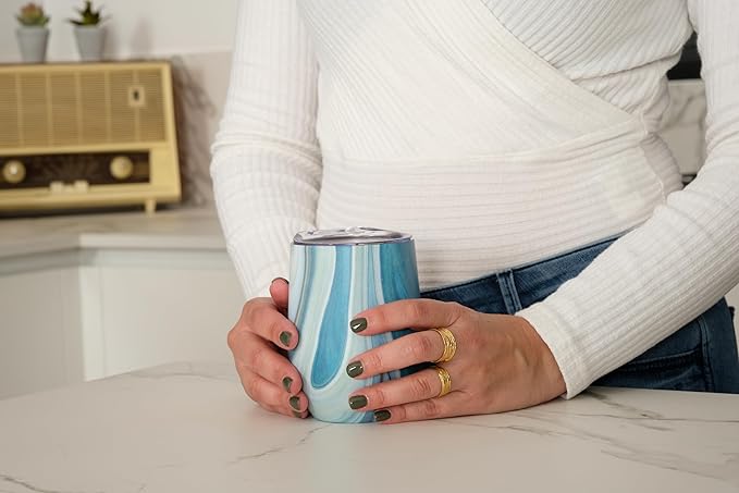 CHILLOUT LIFE 12 oz Stainless Steel Wine Tumblers 4 Pack - Double Wall Vacuum Insulated Wine Glasses Cups with Lids and Straws Set Keeping Cold & Hot for Coffee, Beer, Ice Cream - Ocean Marble Pattern