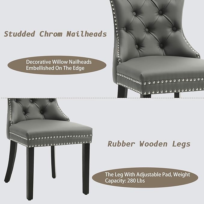 KCC Faux Leather Dining Chairs Set of 6, Upholstered High-end Tufted Dining Room Chair with Nailhead Back Ring Pull Trim Solid Wood Legs, Contemporary Nikki Collection Modern Style for Kitchen, Gray