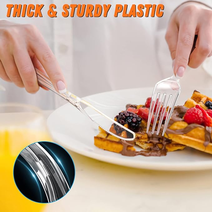 360 Count Plastic Silver Ware Heavy Duty, 120 Forks, 120 Spoons, 120 Knives, Heat Resistant & BPA Free Disposable SilverWare, Disposable Cutlery set, Premium Clear Utencils for Party Supply