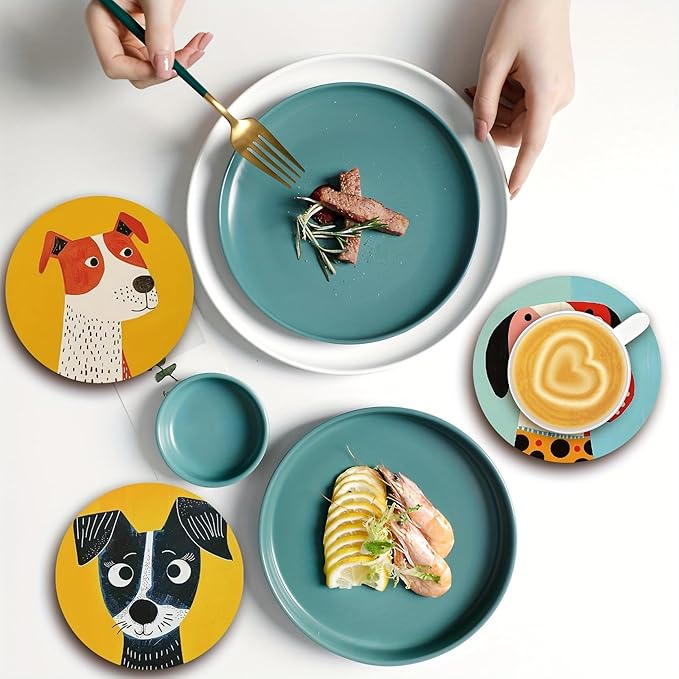 Wood Coasters Set of 6 - Handcrafted Drink Coaster Thick Heat-Resistant for Office, Bar, Farmhouse - Cute Dog Drink Cup Coasters for Table Protection