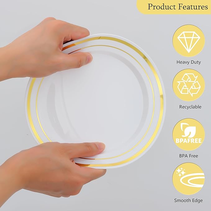 50 PCS Gold and White Plastic Plates for 50 Guests,10.25inch Gold Rimmed White Disposable Plastic Plates for Wedding,Party,Birthday,Smooth Edge & Heavy Duty Dinner Plate