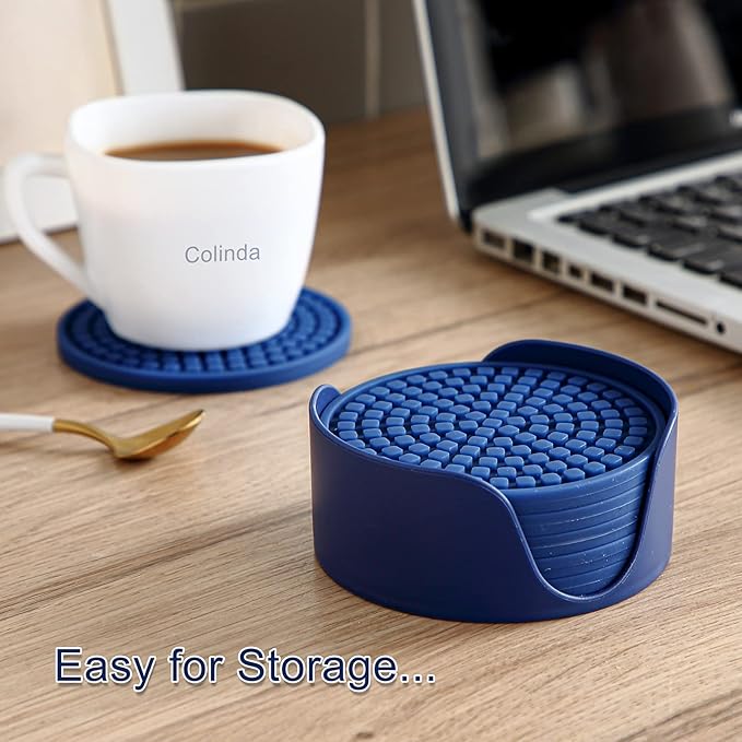 Colinda Silicone Drink Coasters with Holder, Set of 6, Outdoor Cup Mat for Hot or Cold Drinks, Thickened, Non-Slip,Non-Stick, Turquoise