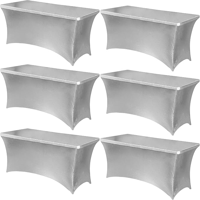 Obstal 6 Pack Stretch Spandex Table Covers for 6 Foot Tables - 6 FT Rectangular Fitted Tablecloth Protector for Wedding, Banquet, Party (Stamping Silver, 72'' Length x 30'' Width x 30'' Height)