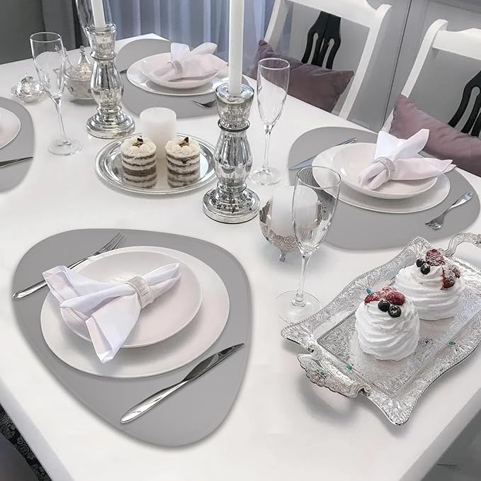 Faux Leather Placemats and Coasters Set of 2, Round Leather for Dinner Table Mats Heat Resistant Non-Slip Insulation Coffee Mats Kitchen Place Mats Nordic Style (Light Gray, 2 Placemats+2 Coasters)