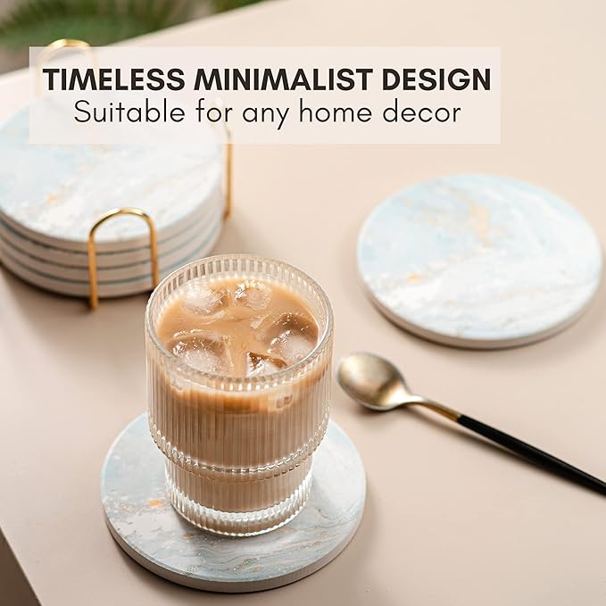 Ceramic Absorbent Coasters Set of 6 with Holder, Marble Drink Coasters for Coffee Table, Water-Absorbing Stone Coasters, White (Marble Design)