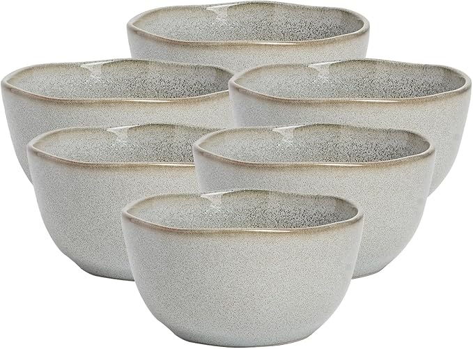 Organic Shape Highland Ceramic Cereal Bowl, 6pcs 5.5 Inch Reactive Glaze Stoneware Rice bowl with Wavy Edge, for Kitchen, Microwave & Dishwasher Safe, Scratch Resistant-grey