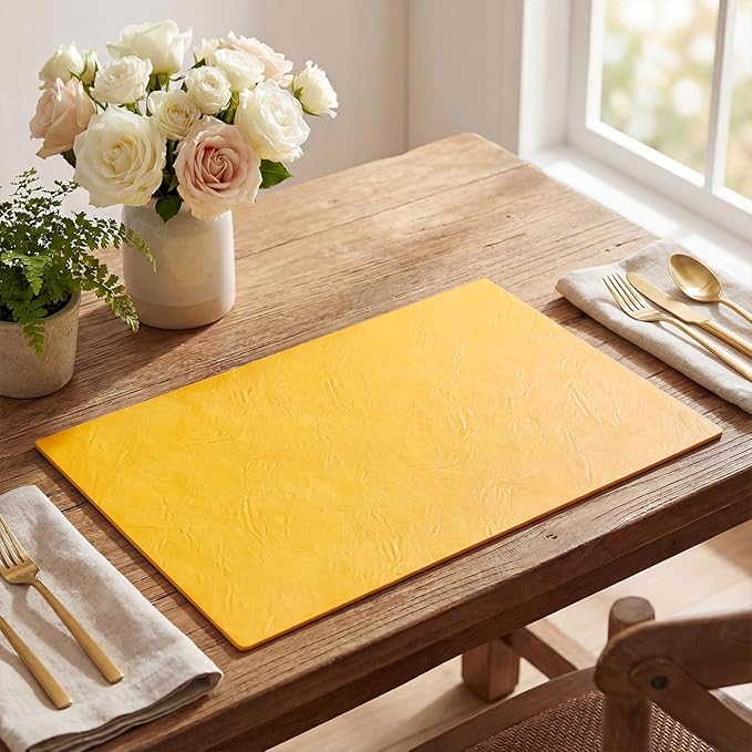 Artoid Mode Yellow Faux Leather Placemats Set of 6, 12x18 Inch Waterproof Wipeable Heat Resistant Vinyl Place Mats, Reversible Table Mats for Summer Kitchen Dining Decor