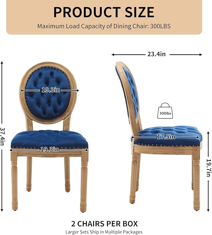 Vintage French Dining Chairs Set of 2, Round Back Velvet Upholstered Accent Chairs with Nailhead Trim and Solid Wood Frame, Elegant Sillas de Comedor for Dining Room & Kitchen, Blue
