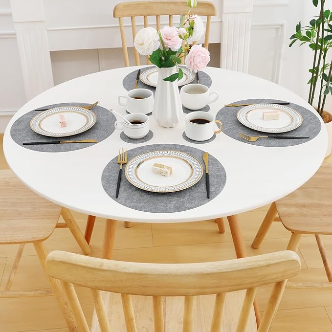 Homaxy Round Faux Leather Placemats and Coasters, Washable Dual-Side Table Mats, Wipeable Heat-Resistant Dining Place Mats for Outdoor and Indoor, Set of 12, Diameter 13 and 3.93 inch, Light Grey