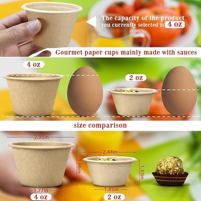 LeonBach 100 Pack Natural Bagasse Fiber Bowls 2oz Disposable Paper Cups Microwavable Safe Sample Snack Charcuterie Serving Cups Disposable Ramekins for Sauce Portion Condiment Ice Cream Desserts