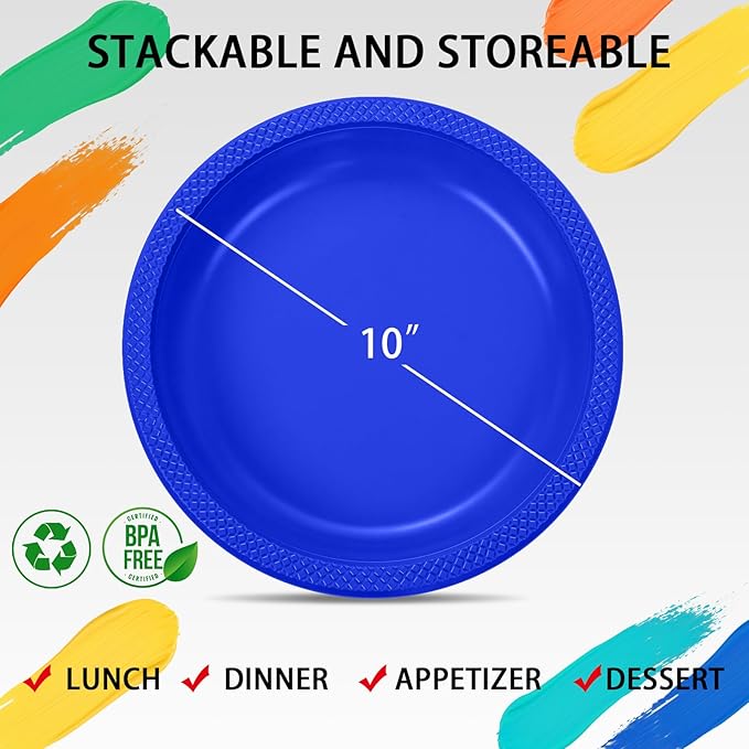 WELLIFE Royal Blue Party Plates 10 Inch -150 Count, Disposable Plastic Dark Blue Dinner Plates for New Year Party Dessert Cake Appetizer